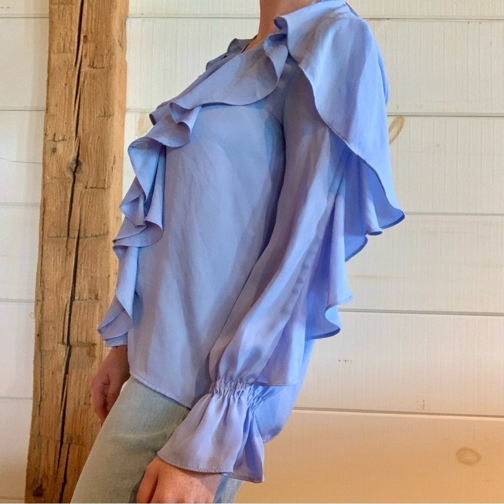 ZARA  BLUE RUFFLED LONG SLEEVE BLOUSE - Picture 4 of 7